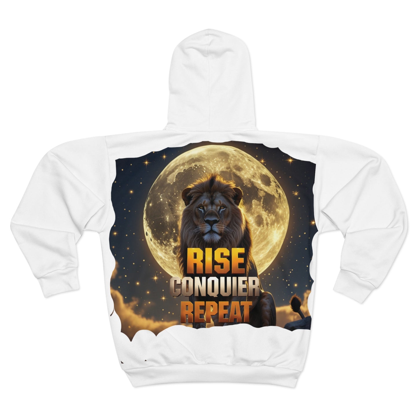 Rise Conquer Repeat Unisex Zip Hoodie - Inspirational Lion Design